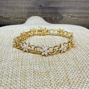925 Sterling Silver Vermeil CZ Flower Cluster Tennis Bracelet Size 7